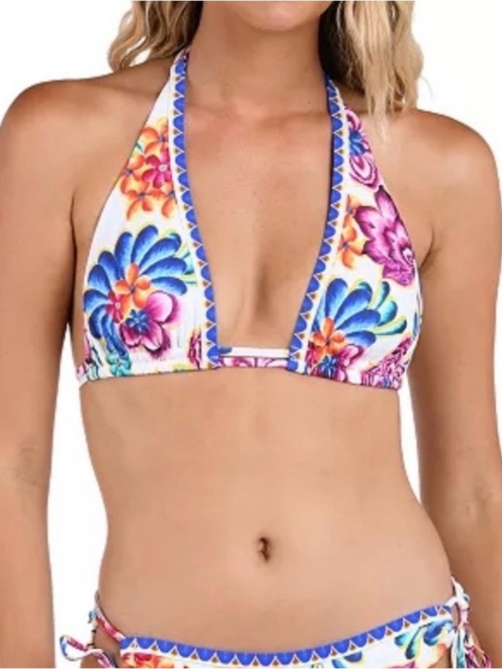 LA BLANCA Floral Halter Bikini Top Multi Color Tassel Beach Resort Size 14 NWT